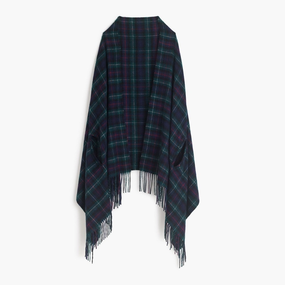 J.Crew Poncho Scarf Women XS/S Blue Green‎ Plaid Wool Blend Fringe Preppy NWT